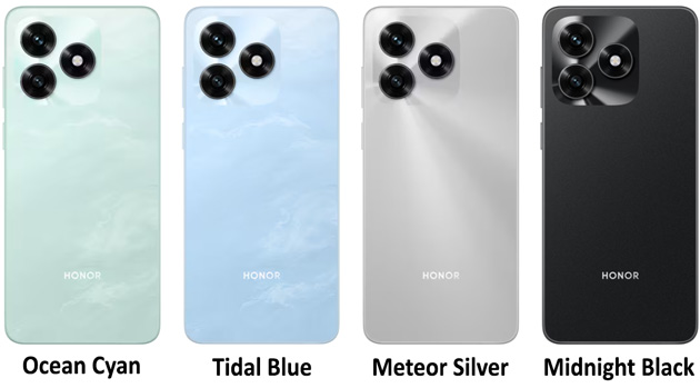 Honor X5c Colors Ocean Cyan Tidal Blue Meteor Silver and Midnight Black Honor X5c Colors: Ocean Cyan, Tidal Blue, Meteor Silver, and Midnight Black.
