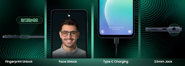 Samsung Galaxy M07 offers a modern USB Type C port as well as a 3.5mm audio jack. Security is handled both Fingerprint Unlock and Face Unlock Samsung Galaxy M07 offers a modern USB Type-C port as well as a 3.5mm audio jack. Security is handled both Fingerprint Unlock and Face Unlock.