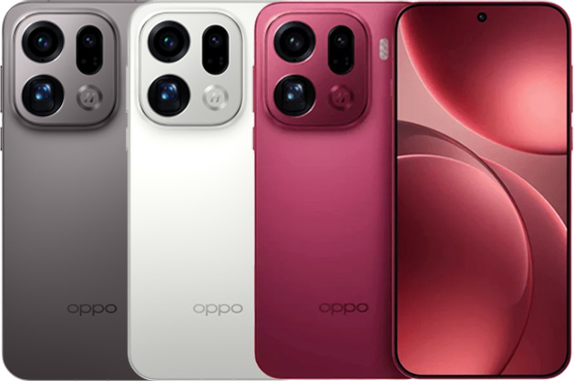 OPPO Find X9 Pro Colors Velvet Red, Titanium Charcoal, and Silk White.