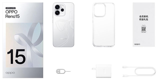 OPPO Reno 15 In the Box includes the phone a Charge a USB Type C Data Cable a Phone Case and Quick Start Guide OPPO Reno 15 In the Box: includes the phone, a Charge , a USB Type-C Data Cable, a Phone Case, and Quick Start Guide.
