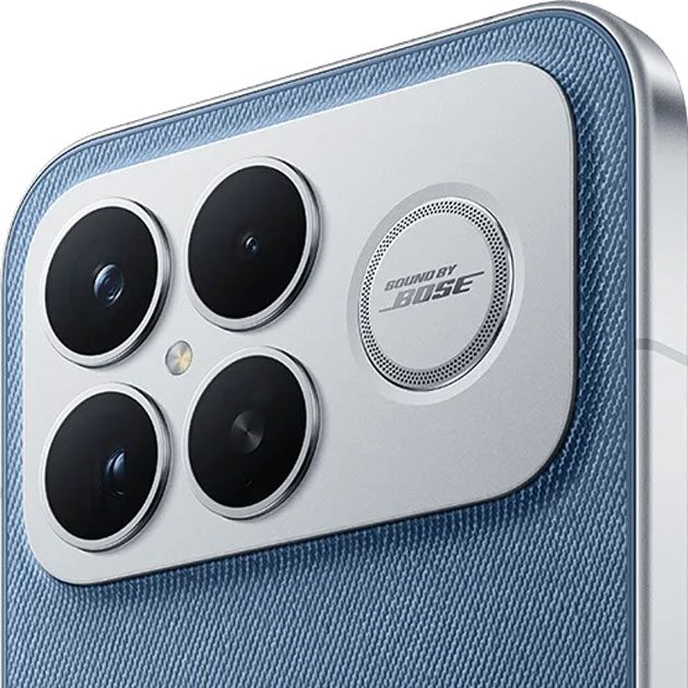 Poco F8 Ultra in Denim Blue with a metal frame and a camera module with the Designed by BOSE logo engraved on it Poco F8 Ultra in Denim Blue with a metal frame and a camera module with the Designed by BOSE logo engraved on it