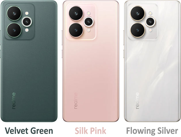 Realme 15 5G colors Silk Pink, Velvet Green, and Flowing Silver.