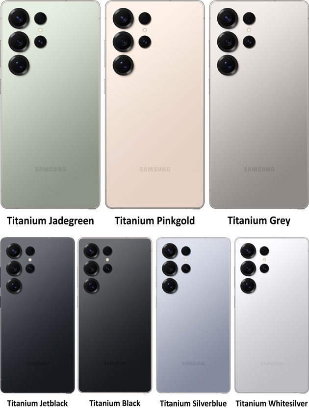 Samsung Galaxy S25 Ultra Colors Titanium Jadegreen, Titanium Pinkgold, Titanium Grey, Titanium Jetblack, Titanium Black, Titanium Silverblue, and Titanium Whitesilver.