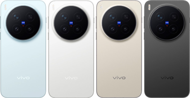 vivo X300 Pro colors Phantom Black, Cloud White, Mist Blue, and Dune Brown.