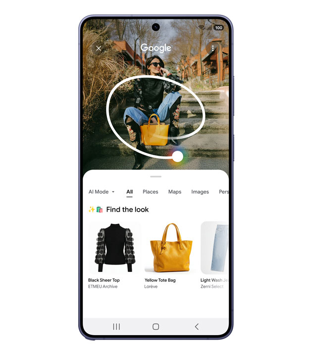 A Samsung Galaxy S26 Ultra displaying the 'Circle to Search' feature. A white glowing circle is drawn around a woman's yellow handbag in a photo, prompting a 'Find the look' results window to appear at the bottom with matching shopping links for a top, bag, and jeans.