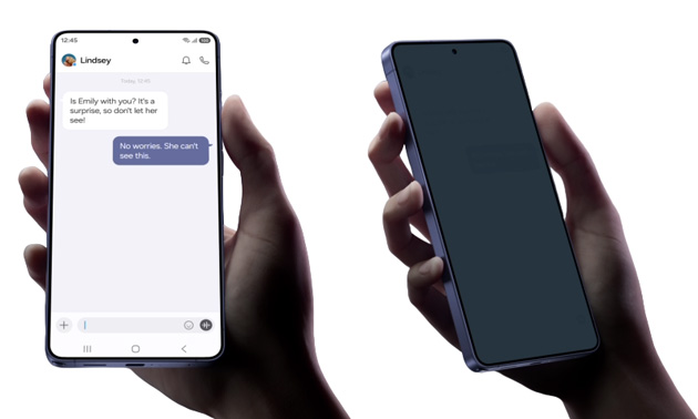 A side-by-side comparison of the Samsung Galaxy S26 Ultra privacy display.