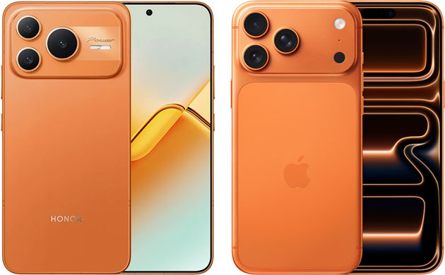 Honor Power 2 Rising Sun Orange and iPhone Pro Cosmic Orange