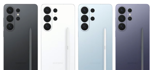 Samsung Galaxy S26 Ultra Colors - Black, White, Sky Blue, and Cobalt Violet with S-Pen