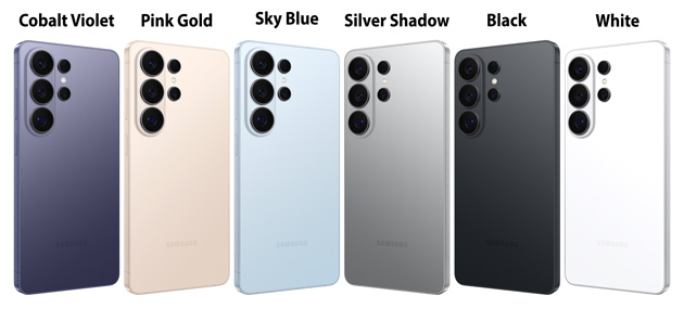 Samsung Galaxy S26 Ultra Colors Cobalt Violet, Pink Gold, Sky Blue, Silver Shadow, Black, and White.