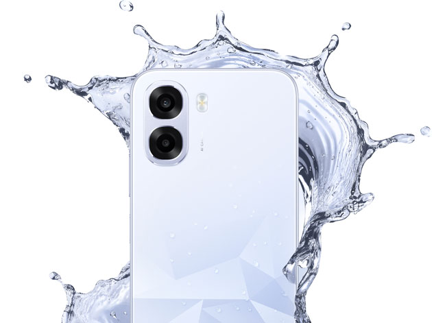A Icy Blue OPPO K14x 5G smartphone shown with a water splash effect to demonstrate water resistance A Icy Blue OPPO K14x 5G smartphone shown with a water splash effect to demonstrate water resistance.