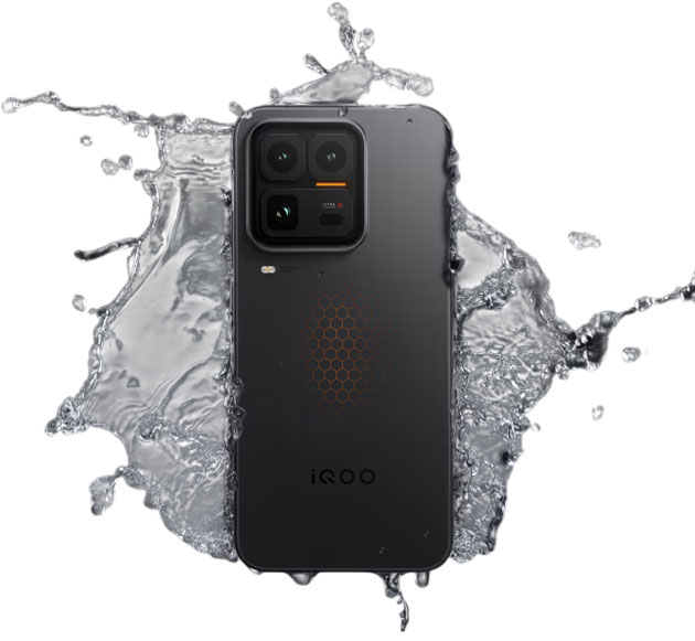 A black iQOO 15 Ultra smartphone shown with a water splash effect to demonstrate water resistance.