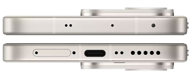 A dual-view product shot of the white vivo V70 showing the top and bottom edges. The top edge features microphone ports, while the bottom edge shows the SIM tray, USB-C port, and speaker.