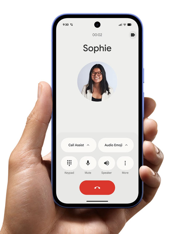 A hand holding a Lavender Google Pixel 10a during an active phone call.