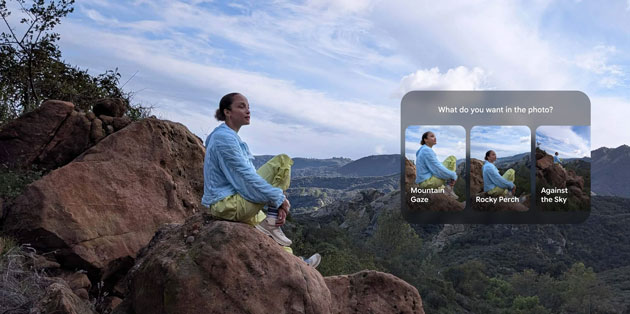 A landscape photo taken with the Google Pixel 10a main camera showing a woman sitting on large red rocks overlooking a valley.