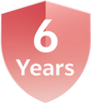 A passion red shield icon containing the white text '6 Years,' representing the long-term software security update commitment for the vivo V70.