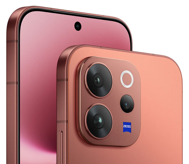 A view of the vivo V70's rear camera module featuring multiple lenses, a ring flash, and the blue ZEISS logo branding.
