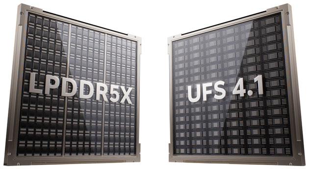 A view of two memory chips for the vivo V70, labeled LPDDR5X for RAM and UFS 4.1 for storage performance.