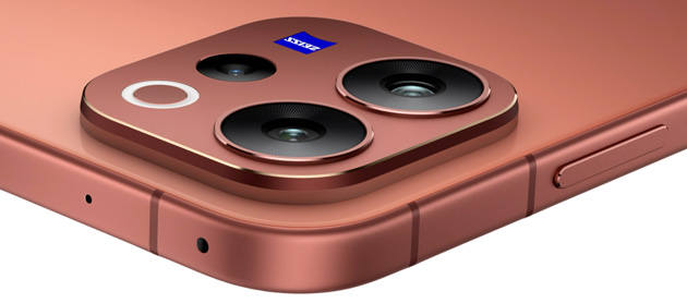 An angled close-up view of the vivo V70's rear camera module, showing the thickness of the camera bump, the ZEISS branding, and the textured side power button.