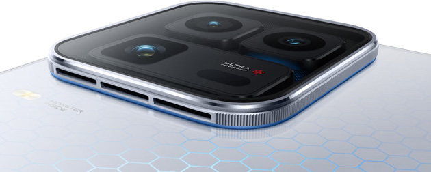 Angled close-up of the iQOO 15 Ultra's rear design. The image highlights a large, raised square camera island with three lenses, an 'Ultra Powered' logo, and a side air vent.