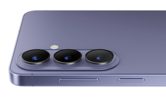 Angled view of the Samsung Galaxy S26 Cobalt Violet camera module with an oval island design.