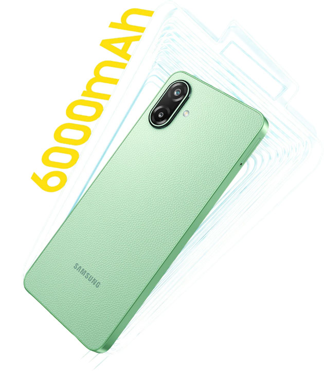 Back view of the Limelight Green Samsung Galaxy F70e 5G set against a graphic representation of stacked battery outlines, featuring the text '6000mAh' to indicate its high battery capacity.