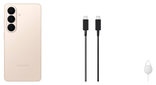 Box Contents: the Samsung Galaxy S26 Pink Gold, a black USB-C to USB-C charging cable, and SIM card ejector tool.