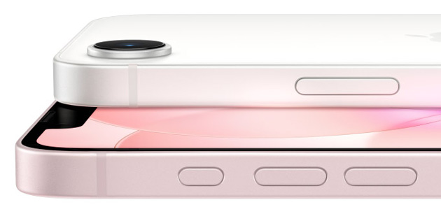 Close up of a white and pink iPhone 17e showing the side profile camera lens and power button Close-up of a white and pink iPhone 17e showing the side profile, camera lens, and power button.