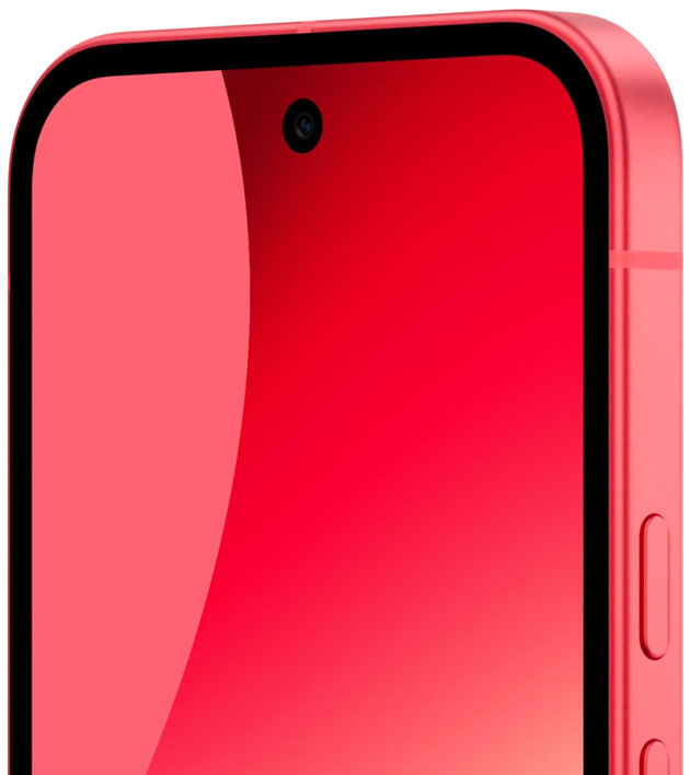 Close-up of the Berry Google Pixel 10a top corner, showing the hole-punch front camera and color-matched aluminum frame.