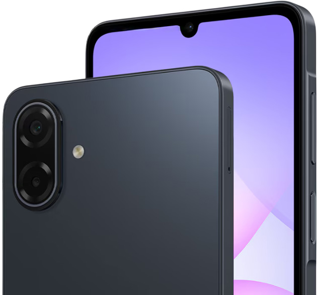 Close-up of the Samsung Galaxy A07 5G in black, showing the dual-lens rear camera system with an LED flash and the front display featuring a waterdrop notch for the selfie camera.