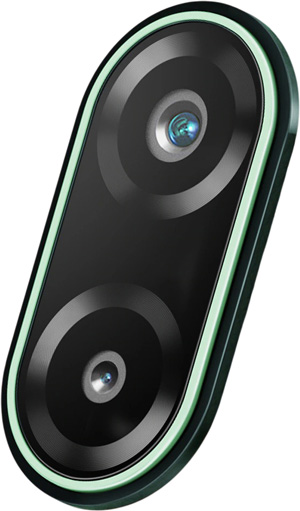 Close-up of the Samsung Galaxy F70e 5G camera module, featuring a 50MP primary lens and a secondary depth sensor with an LED flash.