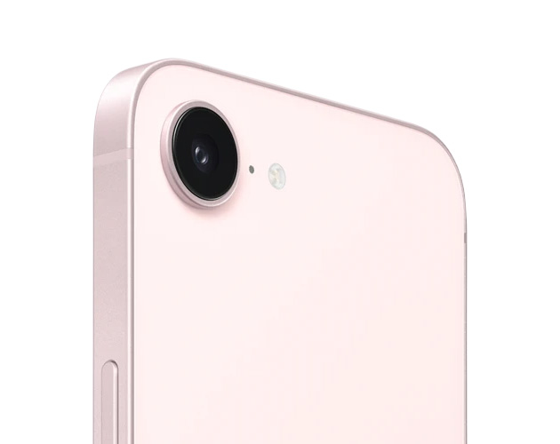 Close-up of the side of the iPhone 17e Soft Pink showing the camera and power button.