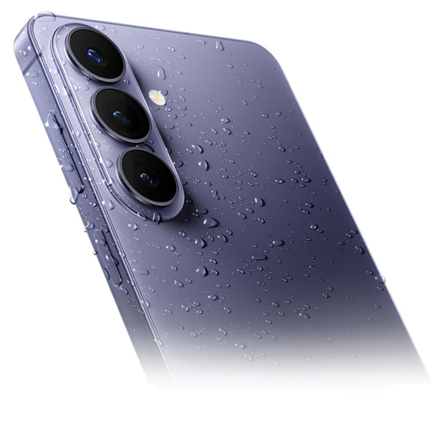 Close-up of the violet Samsung Galaxy S26 back panel and triple camera lenses covered in water droplets, demonstrating its IP68 water and dust resistance.