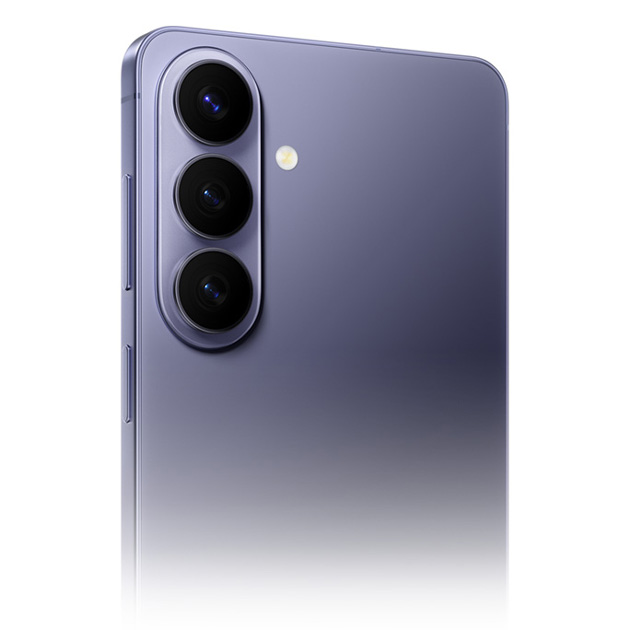 Detailed view of the Samsung Galaxy S26 rear camera system, featuring three vertically aligned lenses with individual metallic rings on a violet matte finish.