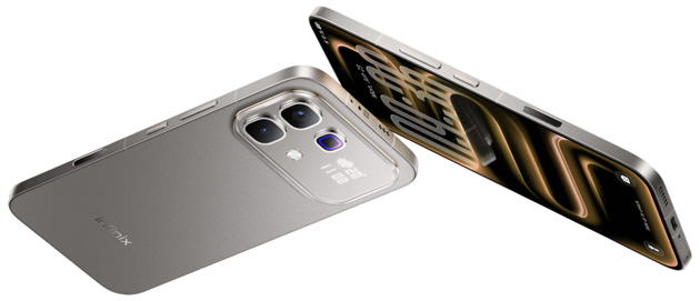 Front and back view of the Infinix Note 60 Pro smartphone in Mist Titanium, featuring a dual camera setup and a secondary rear display.