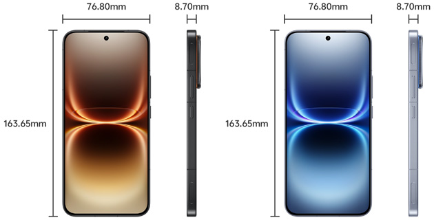 Front and side view of the iQOO 15 Ultra in black and silver, labeled with precise measurements 163.65mm high, 76.80mm wide, and 8.70mm thick.