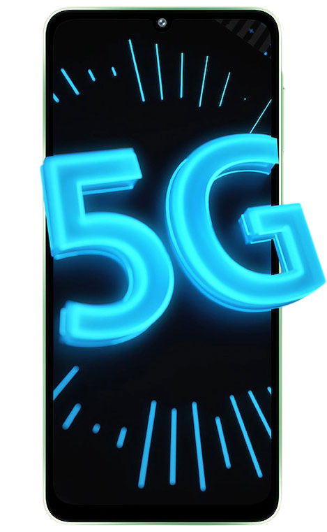 Front view of the Samsung Galaxy F70e 5G with a large, glowing blue 5G logo overlaying the screen against a dark background with light bursts.