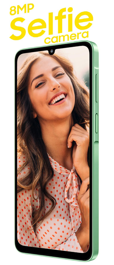 Front view of the light green Samsung Galaxy F70e 5G showing its 8MP selfie camera in a waterdrop notch, with a woman's portrait on the screen and 8MP Selfie camera text above.