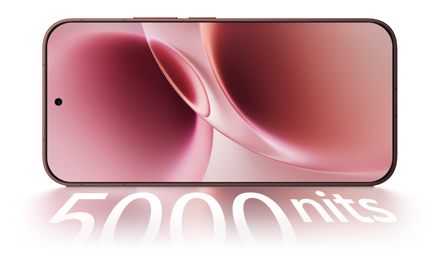 Front view of the vivo V70 smartphone displaying a vibrant pink abstract wallpaper. Large 3D-effect text below the device highlights a 5000 nits peak brightness capability.