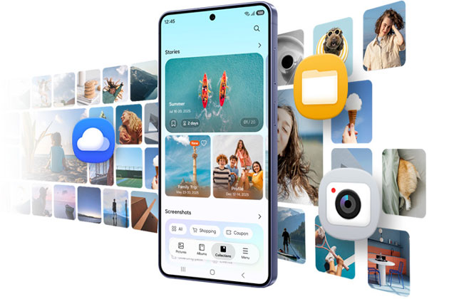 Galaxy S26 display surrounded by multimedia icons, highlighting the phone's storage and multitasking features.