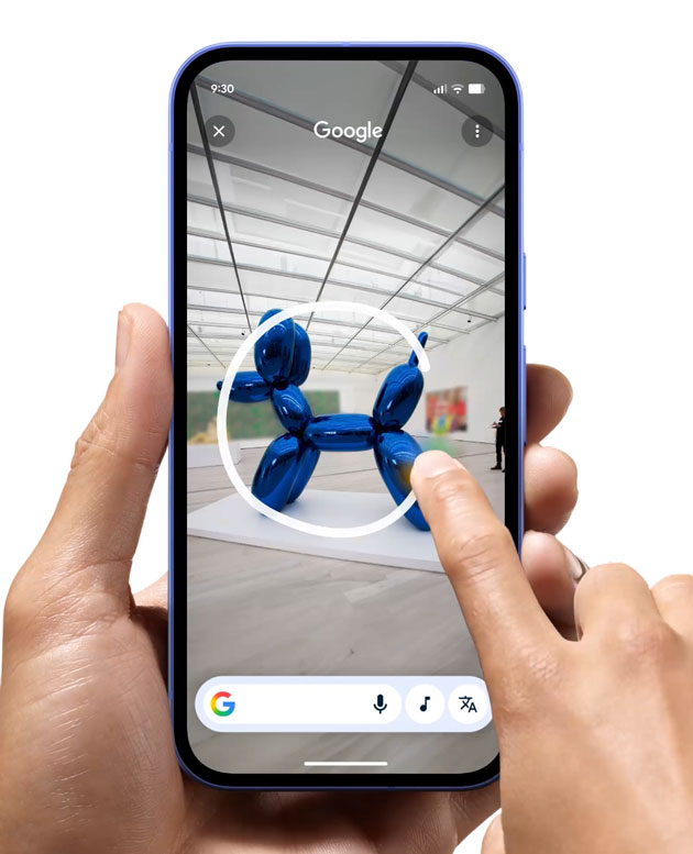 Handheld view of a Google Pixel 10a demonstrating the 'Circle to Search' AI feature on a photo of a blue sculpture.
