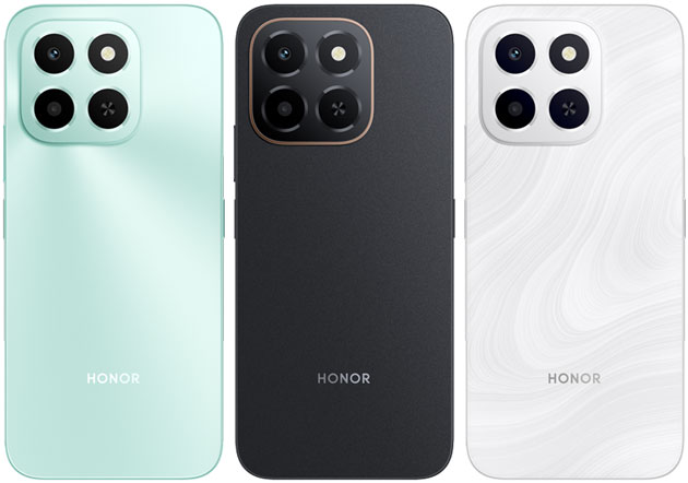 Honor X6c colors in Ocean Cyan, Midnight Black, and Moonlight White.