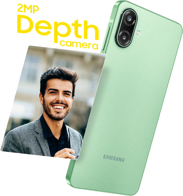 Image of the Samsung Galaxy F70e 5G showing the Green with a leather finish, a 2MP depth camera label, and a sample portrait photo of a smiling man.