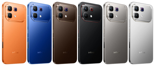 Infinix Note 60 Pro colors Mist Titanium, Deep Ocean Blue, Solar Orange, Mocha Brown, Torino Black, and Frost Silver.