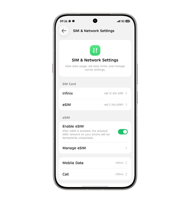 Infinix Note 60 Pro network settings menu showing eSIM and physical SIM management options.
