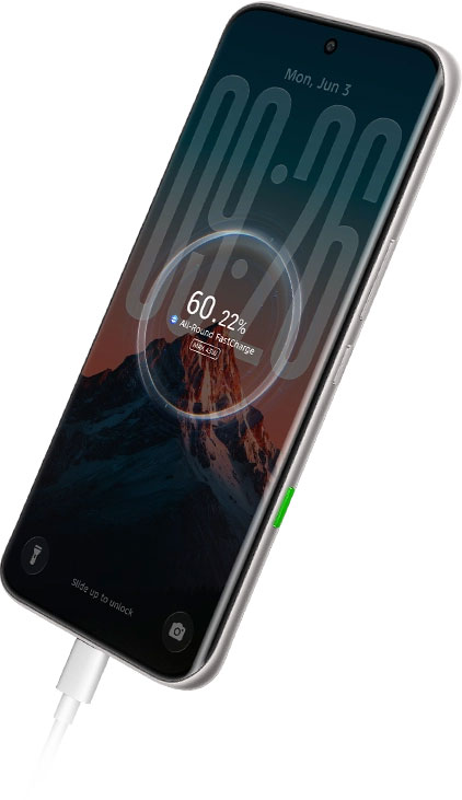 Infinix Note Edge showcasing its 45W fast charging capabilities with a live percentage and charging status displayed on its large AMOLED screen.
