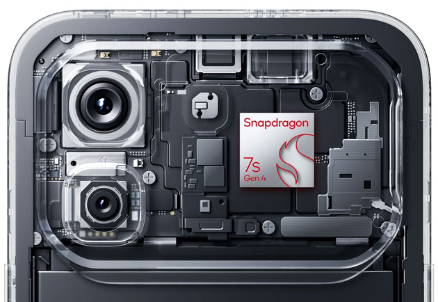 Internal view of the Infinix Note 60 Pro showing the Snapdragon 7s Gen 4 chipset, dual camera modules, and intricate motherboard components through a transparent protective layer.