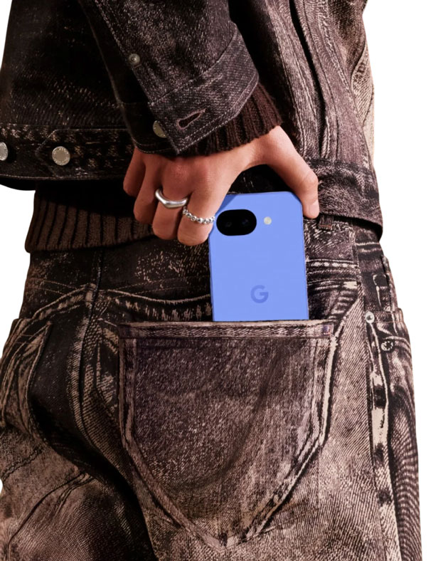Lavender Google Pixel 10a being tucked into a denim back pocket, demonstrating its compact size.