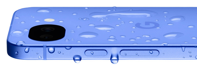 Lavender Google Pixel 10a with water droplets on the back and side frame, demonstrating water resistance.