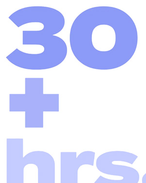 Lavender text on a white background that reads '30+ hrs', representing the battery life performance of the Google Pixel 10a.