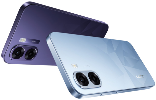 OPPO K14x 5G colors in Prism Violet and Icy Blue back design OPPO K14x 5G colors in Prism Violet and Icy Blue, back design.